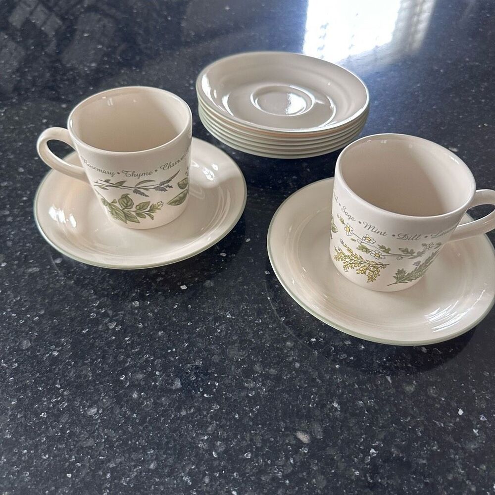 Vintage Corelle Thymeless Herbs Flat Cup & Saucer Set of 2 CORNING Teacup Mug‎